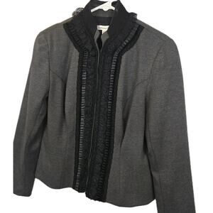 Coldwater Creek Sz 12P Gray Ponte Knit Ruffle Lace Mandarin Collar Jacket Women
